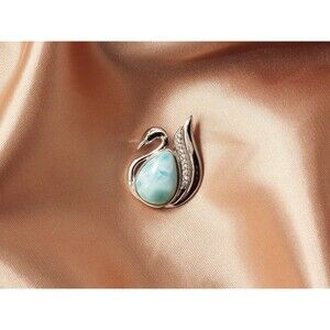 925 Sterling Silver Swan Larimar Gemstones Pendant Necklace
